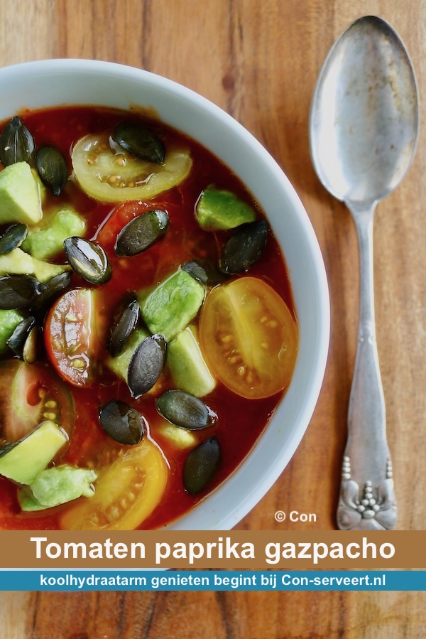 Tomaten paprika gazpacho, koolhydraatarm recept - koolhydraatarm genieten begint bij www.con-serveert.nl